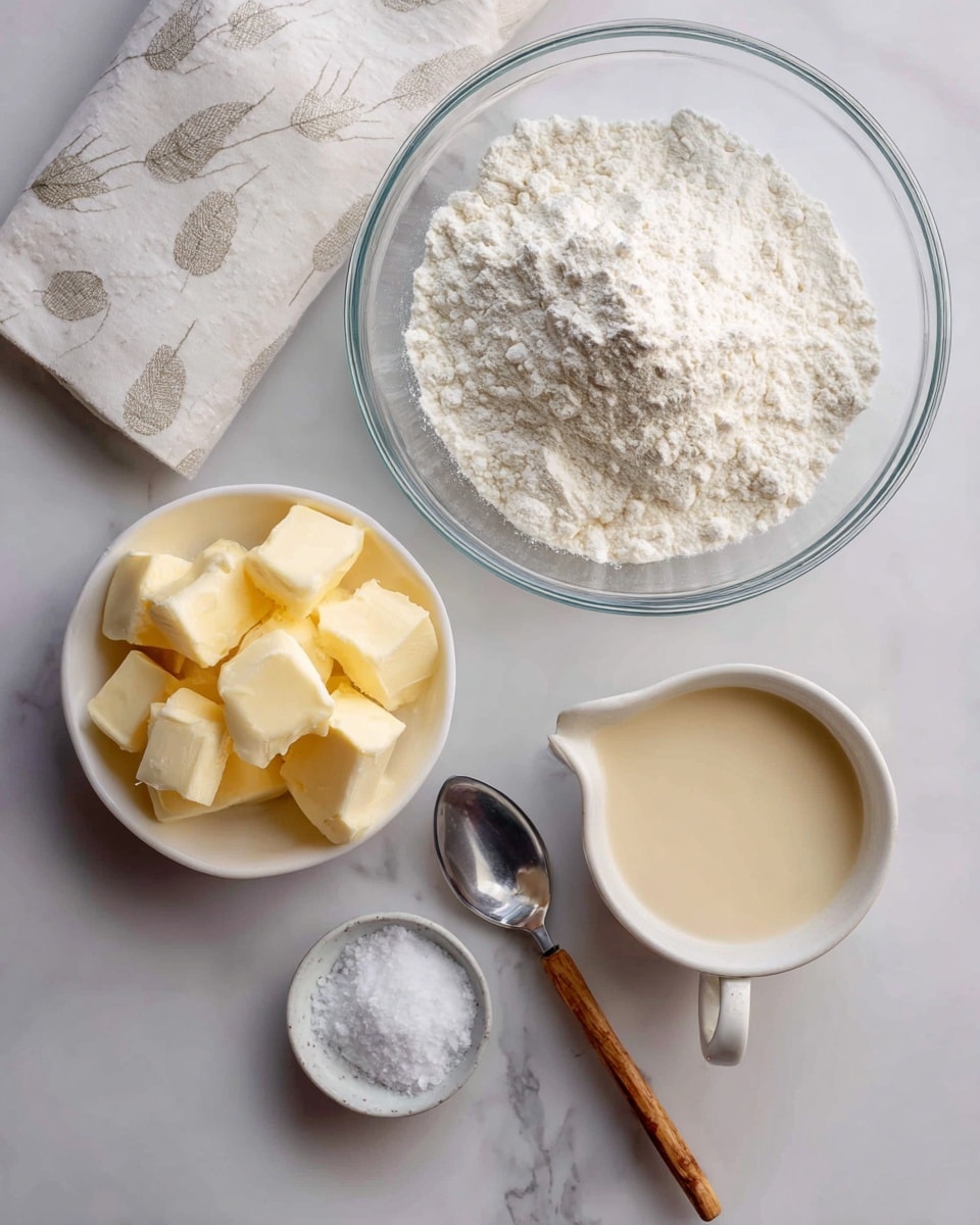 The image shows four ingredients arranged on a white marbled surface: a clear glass bowl full of white flour at the top center, a white bowl of pale yellow butter chunks at the bottom left, a small metal spoon with white salt in the middle, and a spoon with a wooden handle holding light beige condensed milk on the right side. A white cloth with a faint leaf pattern is partially visible in the top left corner. Photo taken with an iphone --ar 4:5 --v 7