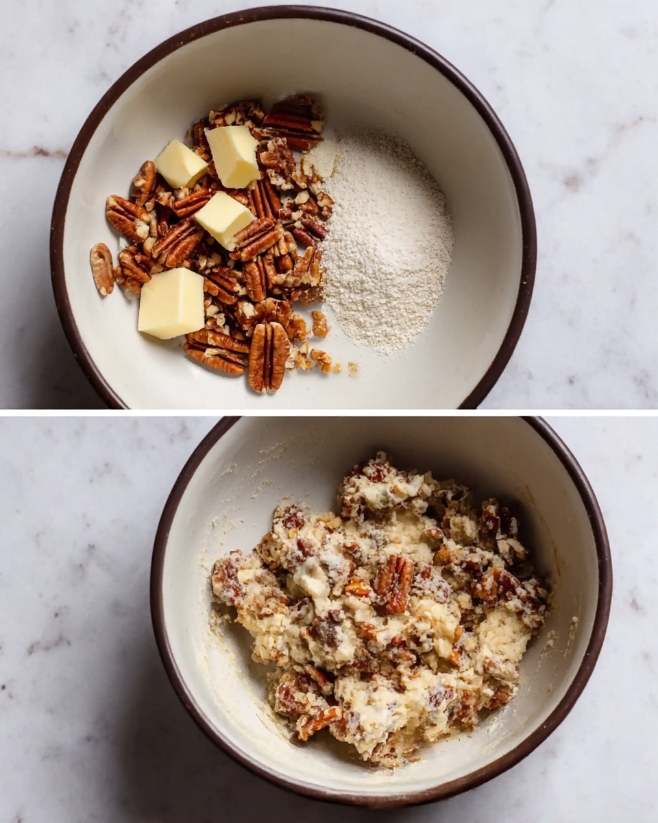 The images show two stages in making a nut mixture in a white bowl with a dark rim, placed on a white marbled surface. The first layer contains roughly chopped pecans with small cubes of pale yellow butter and a small pile of white flour, all resting separately in the bowl. In the second image, the contents are mixed into a thick, clumpy dough with a rough texture, where the pecan pieces are still visible and coated with a creamy, pale mixture. Photo taken with an iphone --ar 4:5 --v 7