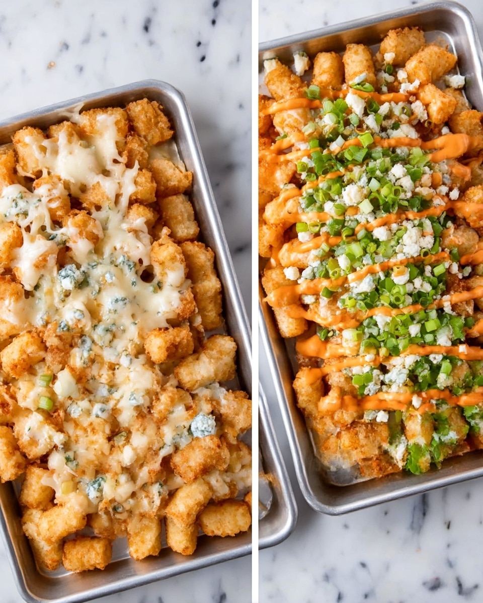 The image shows two metal trays with crispy tater tots as the base layer, golden brown and slightly crunchy. The tater tots are covered with a layer of melted white cheese that stretches over them unevenly. In the second tray, on top of the tater tots and cheese, there is a drizzle of orange sauce and a generous sprinkle of chopped bright green onions, adding a fresh color contrast. Small bits of creamy white cheese crumble are scattered over the whole tray. Both trays rest on a white marbled surface. Photo taken with an iphone --ar 4:5 --v 7