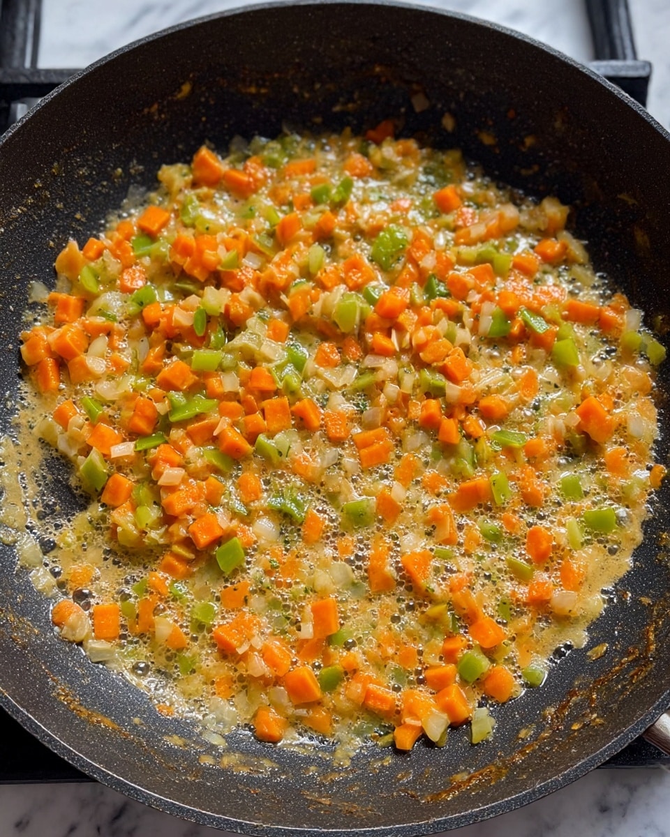 A close-up view of a frying pan filled with a colorful mix of small diced carrots, green bell peppers, and onions cooking in a light, bubbly sauce that has a slightly creamy texture. The vegetables are softened and spread evenly across the center of the dark non-stick pan, with some sauce residue visible around the edges. The scene is set on a white marbled surface with part of the stovetop barely visible in the background. photo taken with an iphone --ar 4:5 --v 7
