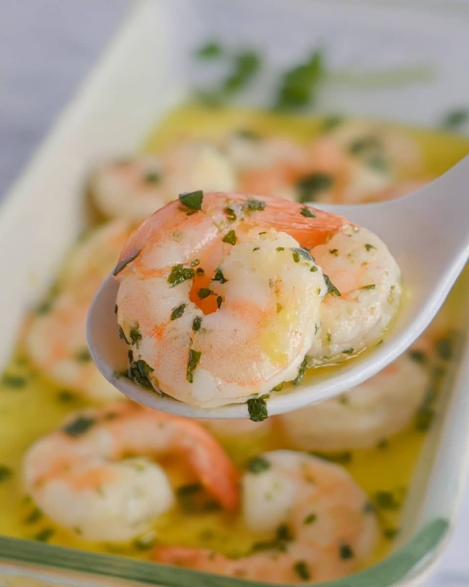 A close-up view of a white spoon holding four cooked shrimp, light pink with soft white highlights, each shrimp showing a smooth texture with small green herb pieces on top. The shrimp sit above a shallow white dish filled with more shrimp and a yellow buttery sauce sprinkled with green herbs. The background and surface feature a soft white marbled texture, and some green herb sprigs are slightly blurred in the back. Photo taken with an iphone --ar 4:5 --v 7