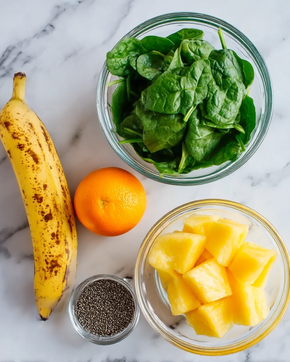 The image shows four food items placed on a white marbled surface: on the left, a ripe banana with brown spots; next to it, a small whole orange with a smooth peel; above these, a round clear glass bowl filled with fresh, bright green spinach leaves with visible veins; and on the right, a clear glass bowl filled with yellow pineapple chunks, some pieces stacked on top of each other, showing a juicy texture. In front of these bowls, there is a small clear glass bowl filled with dark chia seeds, tiny and round. Photo taken with an iphone --ar 4:5 --v 7
