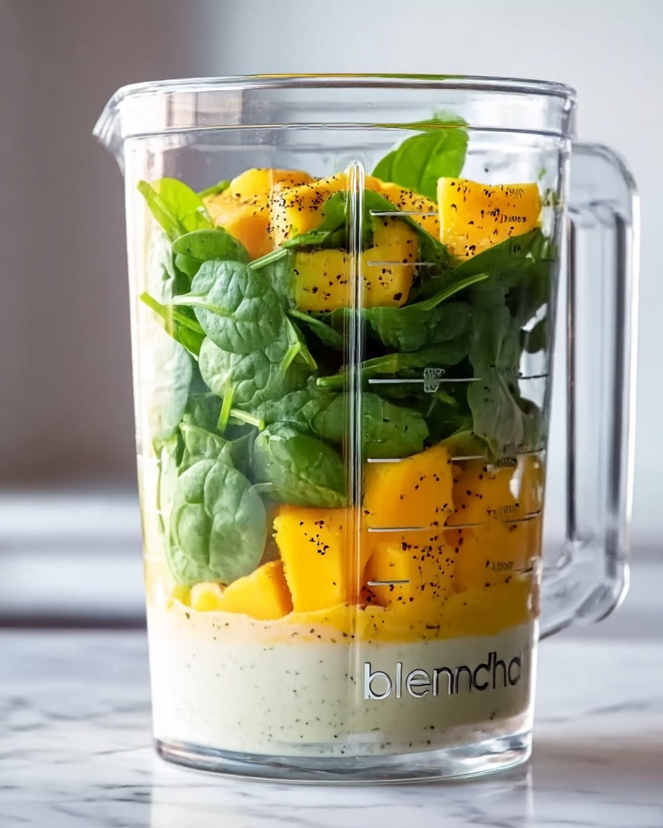 A clear blender container filled with layers of ingredients on a white marbled surface. The bottom layer is a creamy white liquid, followed by a layer of bright yellow-orange chunks. Above that is a thick layer of fresh dark green spinach leaves, topped with more of the yellow-orange chunks, sprinkled with black pepper. The blender is transparent with measurement marks and a handle visible on the right side. Photo taken with an iphone --ar 4:5 --v 7