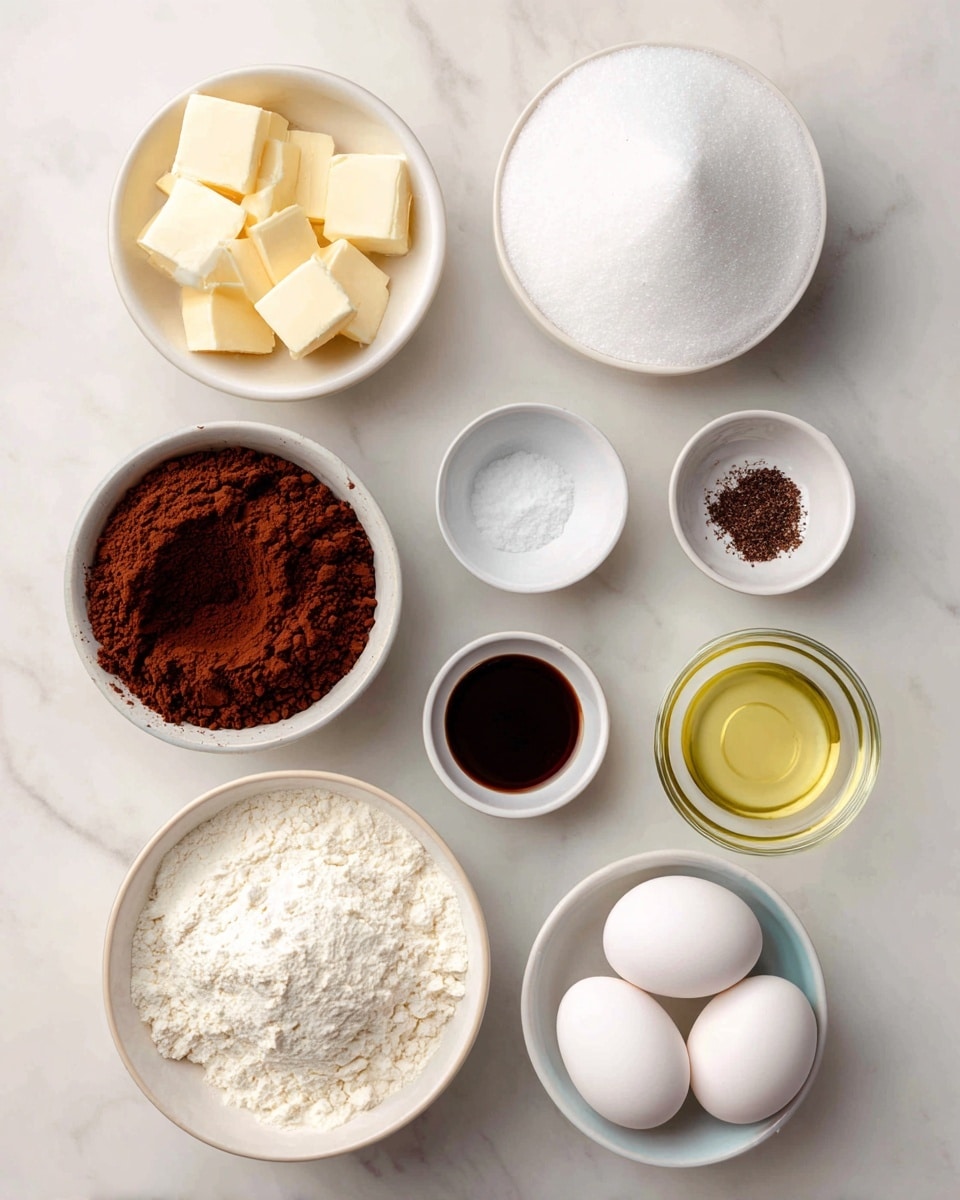 A top view of baking ingredients arranged neatly on a white marbled texture: a white bowl filled with white sugar at the top center; to the left, a white bowl with cubes of pale yellow butter; below the butter, a white bowl filled with dark brown cocoa powder; to the right of cocoa powder, a small white bowl with dark brown vanilla liquid; next to vanilla, a small white bowl with a bit of salt showing some specks; to the right of sugar, a clear glass bowl with light yellow oil; below oil, a white bowl with white flour that has a slightly cracked surface; in the middle, two smooth white eggs side by side. photo taken with an iphone --ar 4:5 --v 7