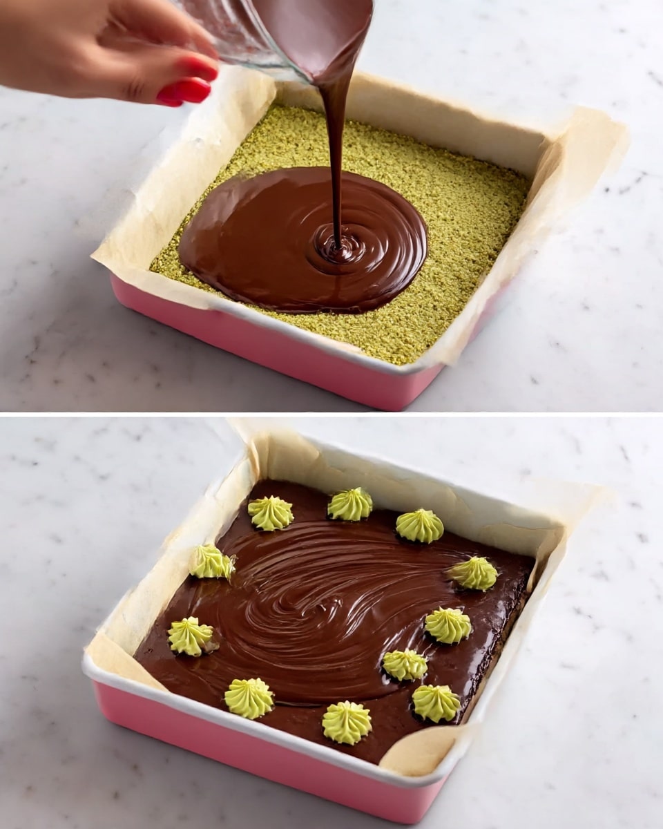 The image shows a white square baking pan lined with parchment paper sitting on a white marbled surface. In the first part, a thick layer of greenish mixture fills the base of the pan, with smooth, dark chocolate being poured over the center, creating a round pool that starts to spread. In the second part, the pan is filled with a dark chocolate layer that covers the green base. Small dollops of yellow-green cream are placed evenly across the chocolate layer, and a woman's hand with red-painted nails is swirling some of the cream into the chocolate, forming soft, smooth patterns. Photo taken with an iphone --ar 4:5 --v 7