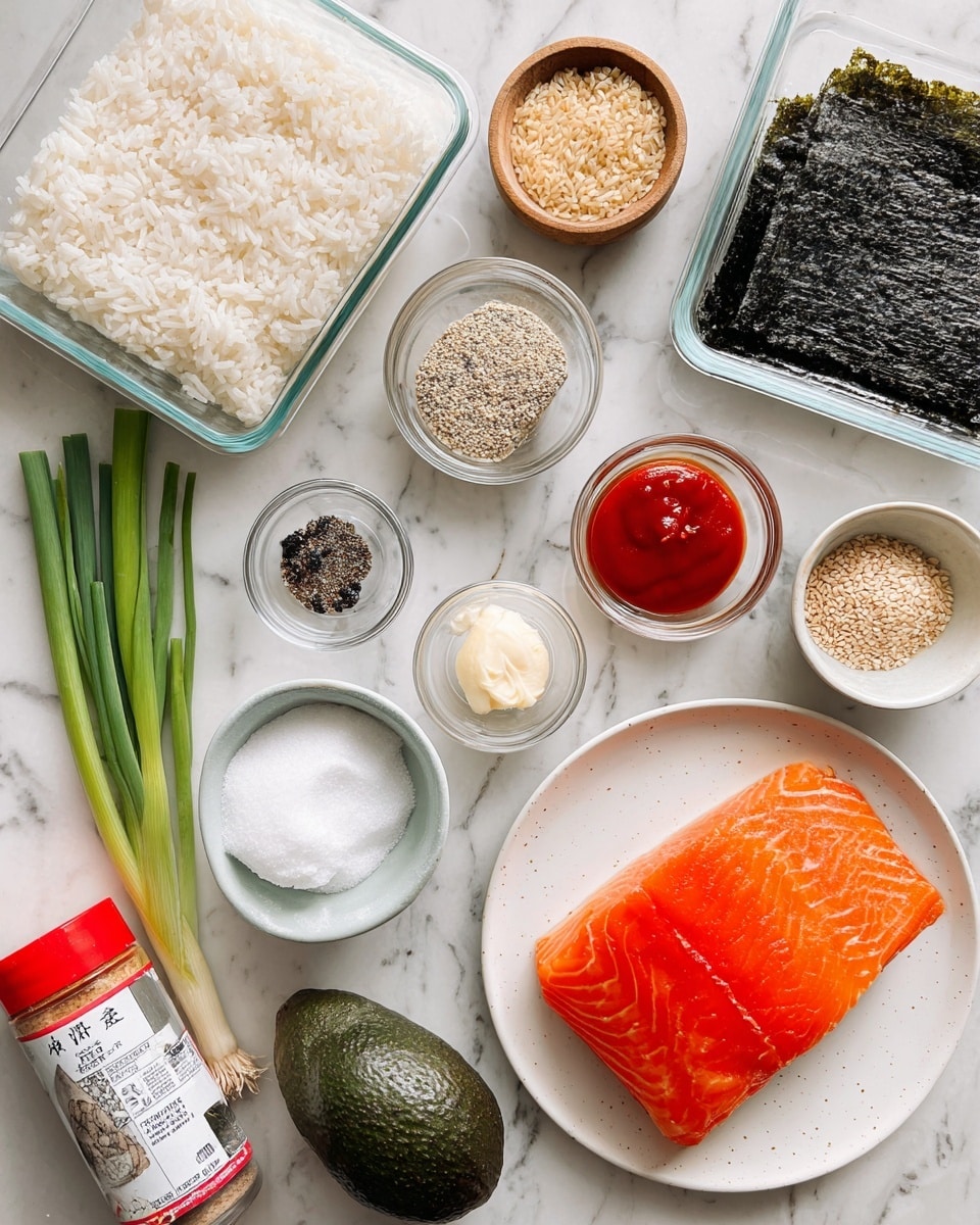 A variety of sushi ingredients are arranged on a white marbled surface. There is a block of cooked rice in a clear square container sitting in the upper left. Below it is a small clear bowl holding furikake seasoning, next to a clear container with toasted nori sheets. In the lower right is a white plate with a thick, bright orange salmon fillet showing smooth texture. Small glass bowls with white sugar, clear rice vinegar, and cream cheese are scattered near the center, along with a small white dish of bright red sriracha sauce. A bottle of Japanese mayo with a red cap lies horizontally near the bottom left. A small wooden bowl of light sea salt and individual stalks of green onion are placed near the top right. A jar of ground black pepper and a bowl of black and white sesame seeds add dark contrast, while a dark green avocado sits upright near the center. photo taken with an iphone --ar 4:5 --v 7