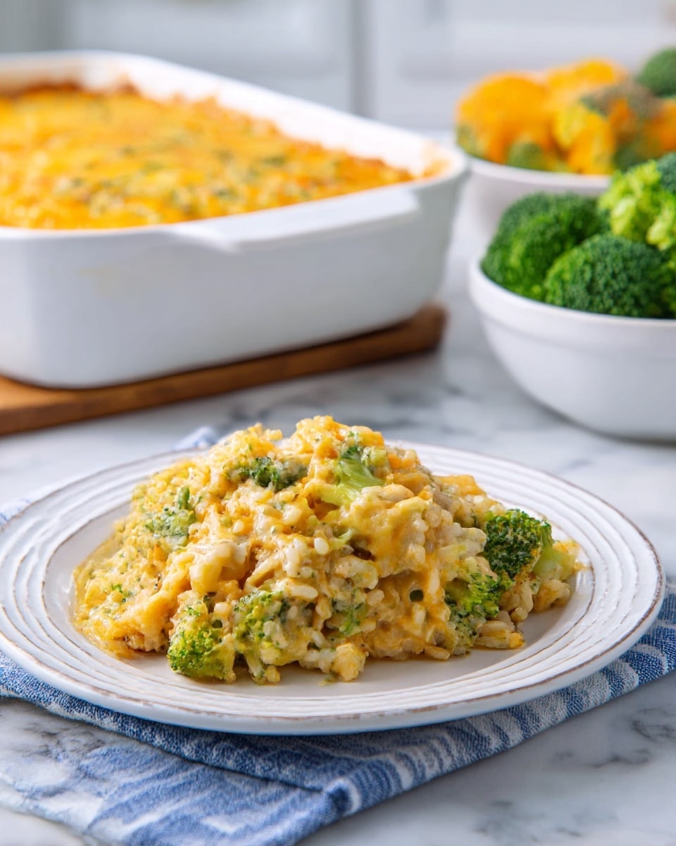 A white plate sits on a white marbled surface with a blue and white striped cloth underneath. On the plate is a serving of cheesy broccoli rice casserole, showing a mix of creamy orange cheese sauce, green broccoli pieces, and soft rice grains, all combined into one textured mound. In the background, a white baking dish filled with the same casserole has a bubbly, golden brown cheese crust on top. Nearby, there is a white plate with a block of orange cheddar cheese and a white bowl with fresh green broccoli florets. Photo taken with an iphone --ar 4:5 --v 7