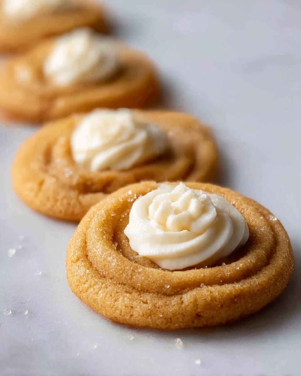 The image shows four round golden brown cookies arranged in a line on a white marbled surface, each cookie topped with a small dollop of white creamy frosting in the center. The cookies have a slightly textured, swirled surface and look soft with some sugar crystals sprinkled around. The focus is on the first two cookies in the front, with the remaining cookies softly blurred in the background. photo taken with an iphone --ar 4:5 --v 7