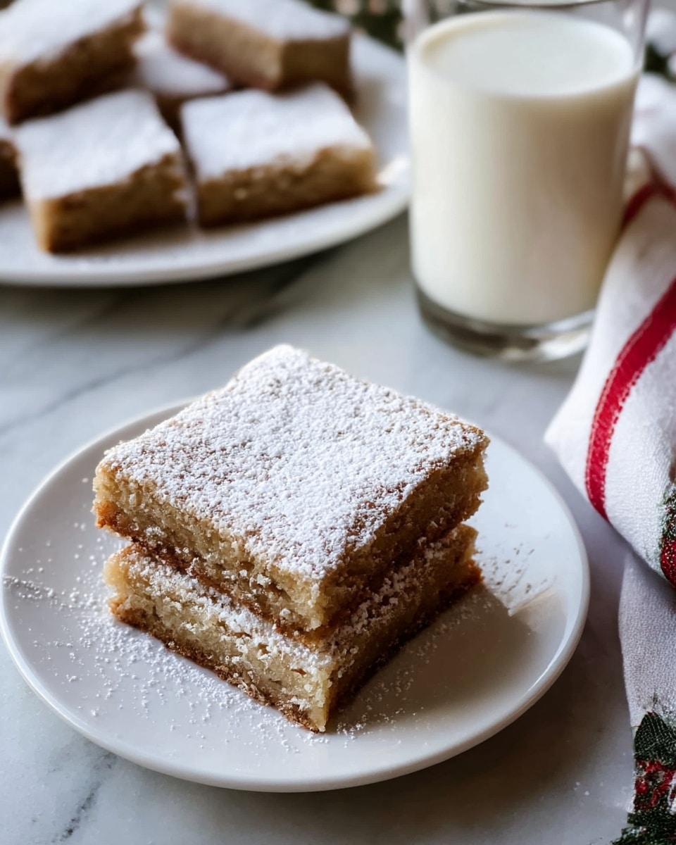 Two square brown soft cake pieces lightly covered with white powdered sugar are stacked on a white plate on a white marbled surface. In the background, a second white plate holds more cake squares, and a clear glass of milk is partially visible next to a folded white napkin with red stripes. Photo taken with an iphone --ar 4:5 --v 7
