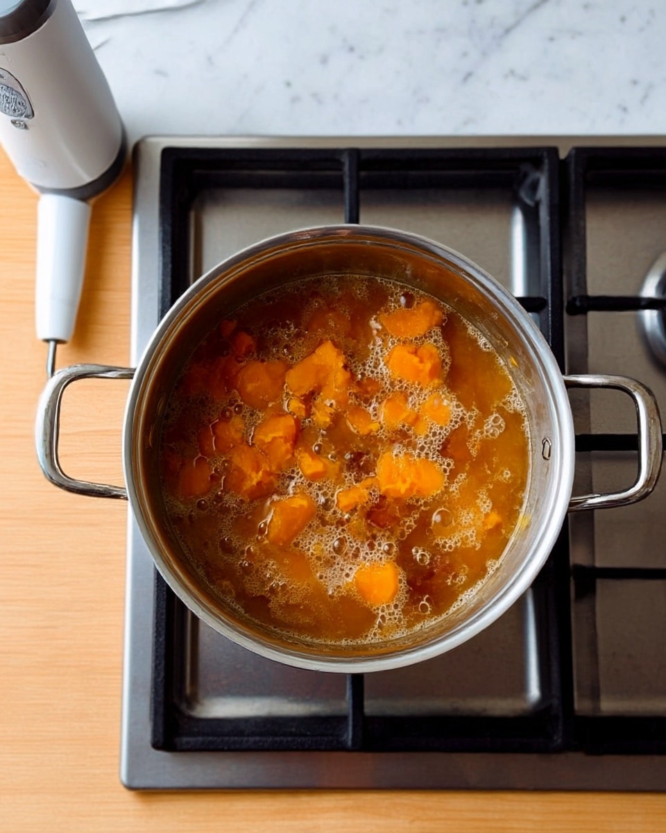 A silver pot with two handles is on a stove with black grates, filled with a bubbling orange and brown mixture. The orange parts appear soft and mashed, floating in a light brown liquid with small bubbles on the surface, while the brown parts are chunkier and uneven, submerged in the liquid. The stove sits on a light wooden countertop, and a white immersion blender is placed to the left of the stove. The background surface is a white marbled texture photo taken with an iphone --ar 4:5 --v 7