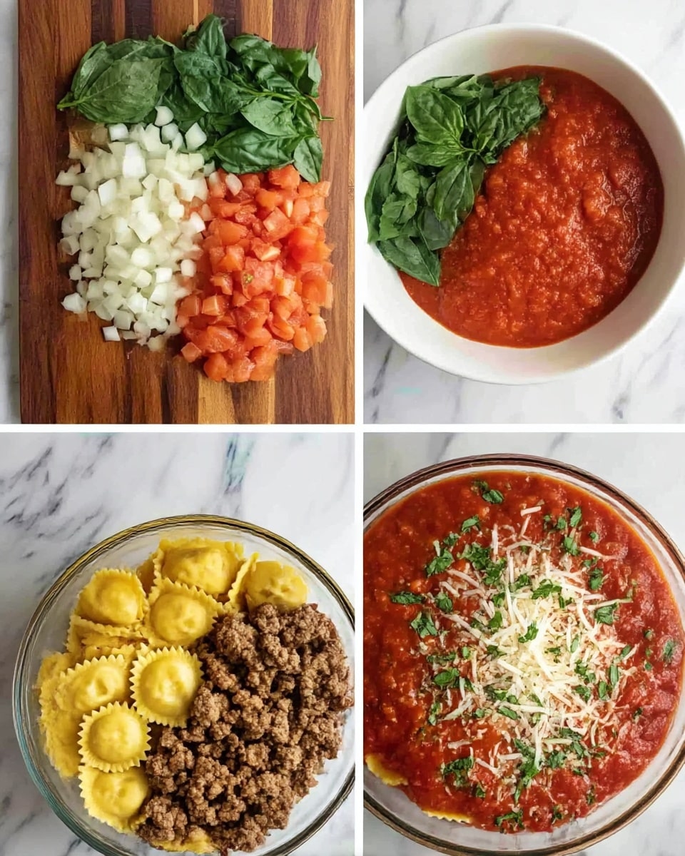 The images show four steps to make a pasta dish. The first image has three layers of chopped ingredients on a wooden board: green basil leaves at the top, white diced onions in the middle, and orange-red chopped tomatoes below. The second image shows a white bowl with three sections: red sauce on the top right, cooked ground meat on the bottom right, and yellow ravioli pasta on the bottom left. The third image has a glass bowl with the same three layers topped with fresh basil leaves, arranged in horizontal rows from bottom to top: brown cooked meat, yellow ravioli pasta, red sauce, and green basil leaves. The last image shows the same glass bowl with the sauce layer spread out and shredded cheese sprinkled evenly on top, with some chopped green herbs scattered over the cheese. The background surface is white marbled texture. photo taken with an iphone --ar 4:5 --v 7