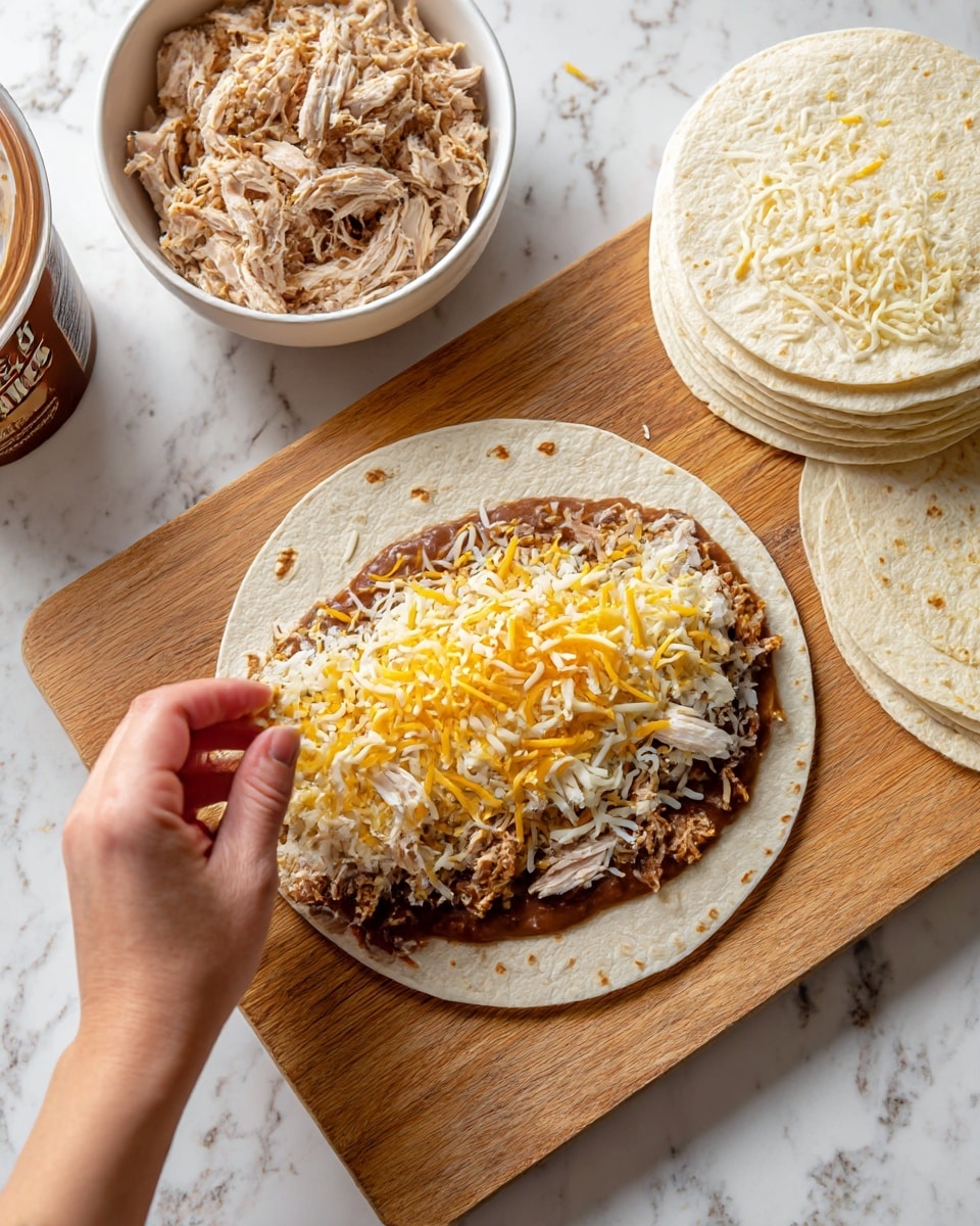 A white tortilla lies flat on a wooden cutting board with a spread of smooth brown refried beans covering the bottom layer, topped with shredded white chicken in the middle layer, and a woman's hand sprinkling a mix of yellow and white shredded cheese as the top layer; to the left, a white bowl filled with shredded chicken, above it a white bowl full of mixed shredded cheese, and to the right, a stack of white tortillas rest on the white marbled surface beneath the board, with a can of refried beans partially visible in the upper left corner; photo taken with an iphone --ar 4:5 --v 7