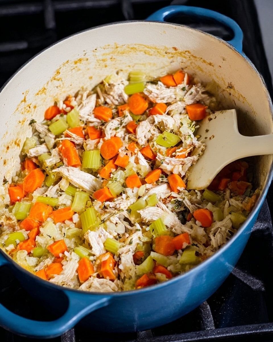 Inside a large blue cooking pot with a white interior, there is a mix of shredded light brown cooked chicken, bright orange carrot cubes, and pale green celery pieces. The ingredients are mixed with small bits of cooked white rice and tiny herbs scattered throughout. A beige spatula with a white handle is resting inside the pot on the right side, partially covered by the food. The background shows a black stovetop, and the scene is lit with natural light. photo taken with an iphone --ar 4:5 --v 7