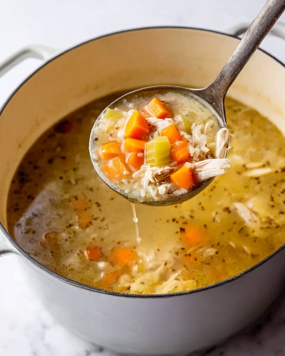 A large white pot filled with clear broth soup containing chunks of orange carrots, light green celery, shredded light brown chicken pieces, and rice. A metal ladle lifts a portion of the soup showing a mix of diced carrots, celery, chicken, and rice, with broth dripping back into the pot. The surface beneath the pot is white marbled texture. photo taken with an iphone --ar 4:5 --v 7