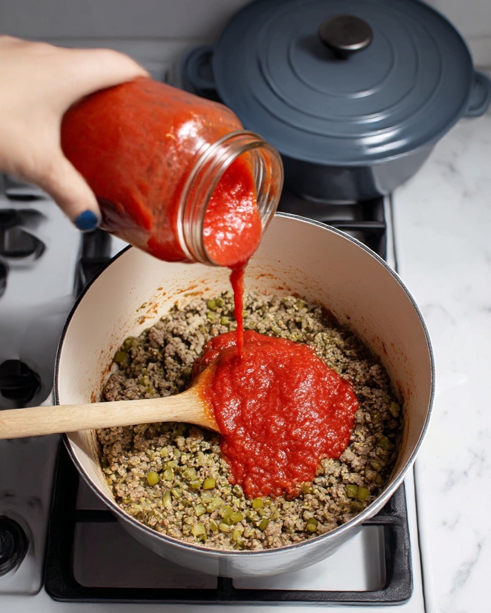A white large pot sits on a stove with cooked ground meat and green vegetable bits mixed inside as the bottom layer, showing a soft and crumbly texture. A thick red tomato sauce is being poured from a jar in the middle of the pot, creating a glossy round layer over the meat mixture. A wooden spoon stands inside the pot, resting among the layers as the sauce spreads. A woman's hand with painted nails holds the jar just above the pot. The scene is set against a white marbled surface with the stove controls and a covered pot visible in the background. Photo taken with an iphone --ar 4:5 --v 7