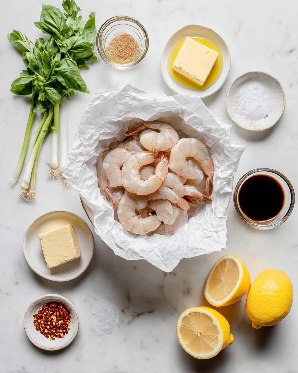 A white bowl lined with crumpled white paper holds raw shrimp with pink tails and pale, translucent bodies stacked loosely. Surrounding the bowl on a white marbled surface are small white dishes containing a pale yellow square of butter, golden olive oil, and minced garlic. Also nearby are a small white dish with red chili flakes, a small dish with light brown sugar, and a glass container of dark soy sauce. On the bottom right are two lemon halves and one whole lemon with bright yellow skin. To the top left, fresh green basil leaves and parsley sprigs rest alongside white scallions. The setup is bright and clean, with ingredients spread out neatly in a flat lay style photo taken with an iphone --ar 4:5 --v 7