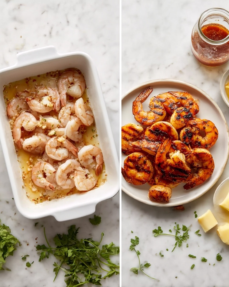 The image shows two frames side by side on a white marbled surface. The left frame has a white rectangular dish filled with raw shrimp, light pink in color with a slightly translucent texture, marinated in a light sauce with visible bits of spices and herbs. The shrimp are arranged loosely to cover the bottom layer of the dish. The right frame features a round white plate holding grilled shrimp in two layers; the top layer shrimp are orange with dark brown char marks that show a smoky, slightly crispy texture. Around the plates, there are scattered fresh green herbs and a small jar with a reddish sauce and a white dish with a piece of yellow butter visible on the top right. Photo taken with an iphone --ar 4:5 --v 7