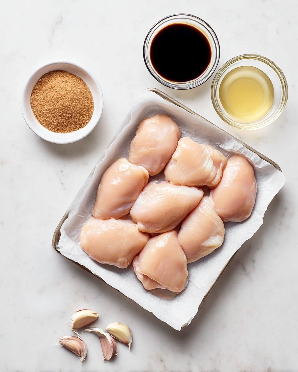 The image shows a baking tray lined with white parchment paper and filled with eight raw, pale pink pieces of chicken laid close together. Around the tray are small white bowls containing light golden brown sugar and a dark soy sauce, and a clear bowl with a light yellow liquid. Nearby, there are a few scattered peeled cloves of garlic on a white marbled surface. The scene is bright and clean, photographed from above. photo taken with an iphone --ar 4:5 --v 7