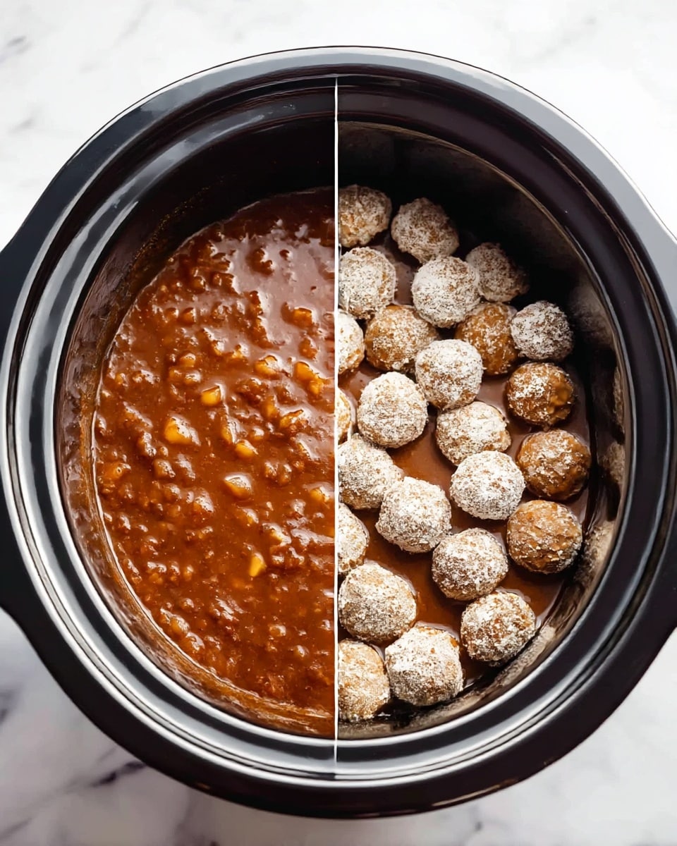 The image shows two side-by-side views inside a slow cooker with a shiny black interior on a white marbled surface. On the left, the cooker is filled with a thick, chunky brown sauce, rich with visible small pieces that create a textured top layer. On the right, round meatballs coated in white flour are piled on top of the same brown sauce, covering the surface in a single layer of roughly equal-sized meatballs. The black rim of the cooker frames both scenes with a smooth, glossy finish. photo taken with an iphone --ar 4:5 --v 7