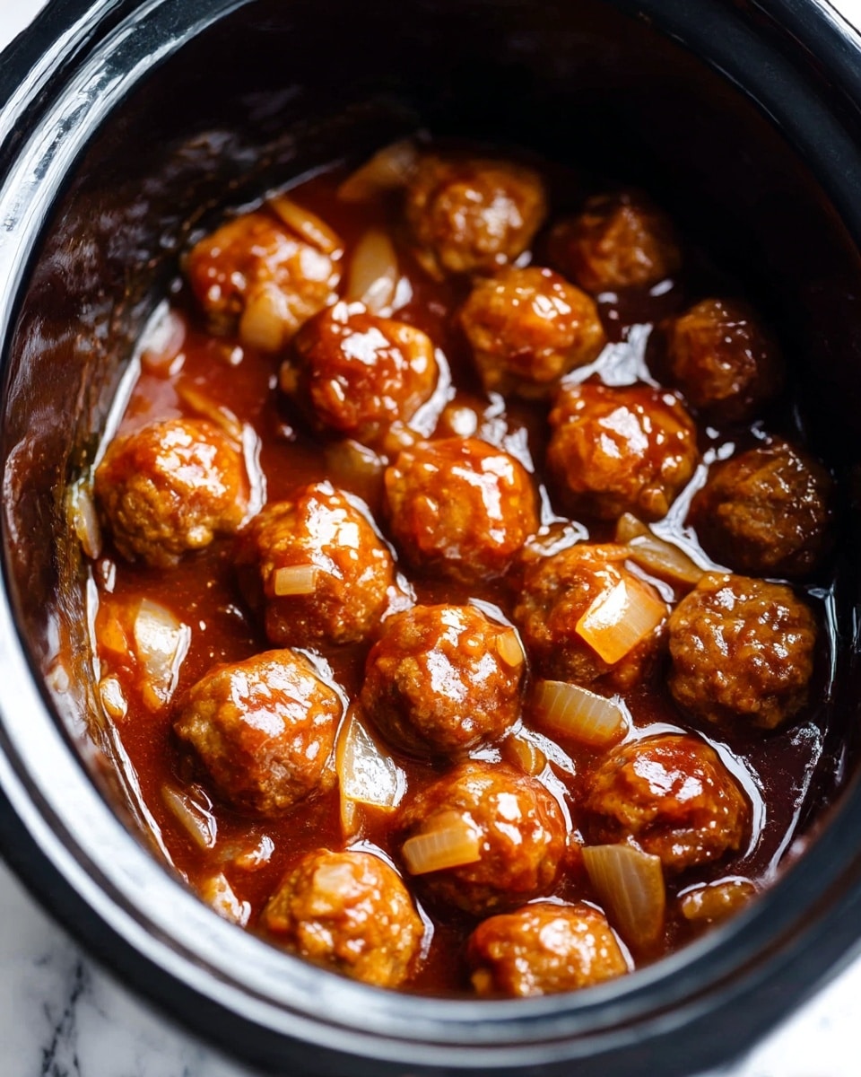 The image shows a close-up of small brown meatballs covered in a shiny, thick reddish-brown sauce with visible pieces of cooked onions mixed in. The meatballs are inside a black slow cooker, with the sauce coating them evenly, creating a glossy texture. The meatballs look tender and are packed closely together, with the sauce filling the spaces between them and adding a wet and rich look to the dish. The background surface is white marbled. photo taken with an iphone --ar 4:5 --v 7