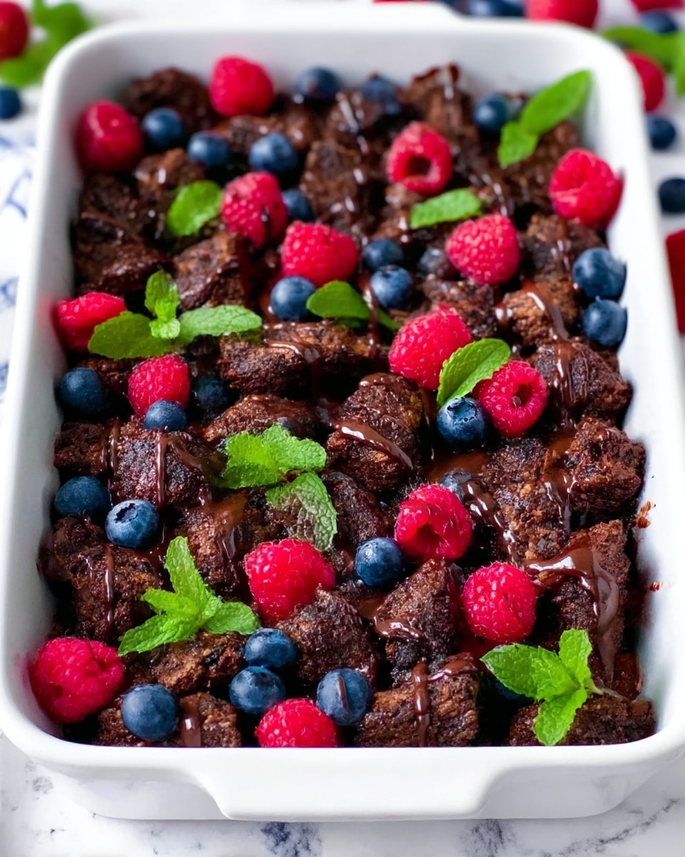 A white rectangular dish filled with dark chocolate bread pieces forming the first thick layer, uneven and textured. Scattered over this base are fresh raspberries and blueberries giving splashes of red and blue throughout. Drizzled over the top is a shiny, smooth chocolate sauce that adds a glossy look linking the pieces together. Bright green mint leaves are spread evenly, adding a fresh contrast to the dark and rich colors. The background is a white marbled texture with some loose berries partially visible on the side. Photo taken with an iphone --ar 4:5 --v 7