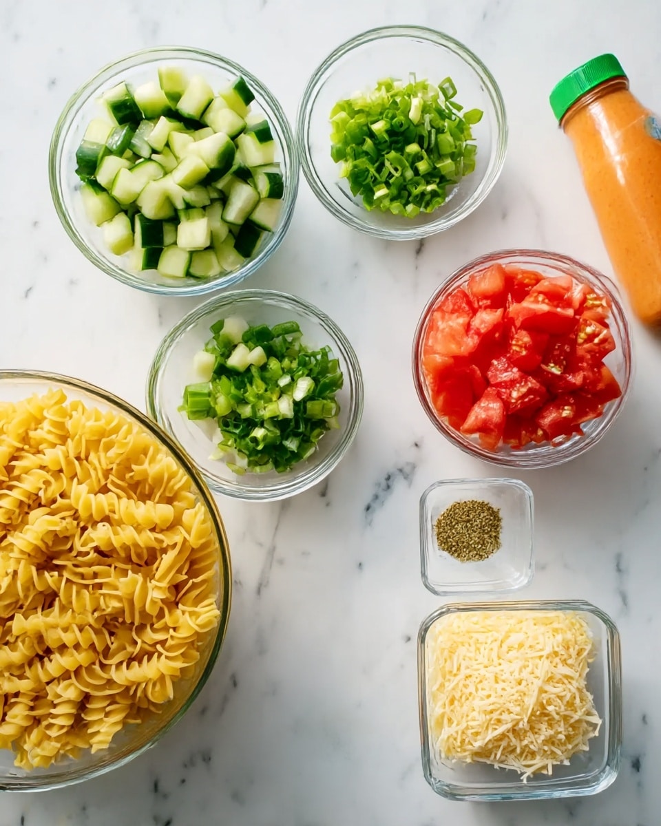 The image shows six clear glass bowls and a bottle arranged on a white marbled surface. Starting from the bottom left, there is a large bowl filled with yellow spiral pasta. Above it to the left, there is a medium bowl filled with green diced cucumbers. To the top center, a small bowl contains finely chopped green onions. At the bottom right, a medium bowl holds chopped red tomatoes. Next to it, on the top right side, is a square clear container filled with grated pale yellow cheese. Near the bottom center, a very small bowl contains dried herbs. On the top right side of the image, near the bowl of tomatoes, there is a bottle of orange Italian dressing with a green cap. The light and clean arrangement on the white marbled background show fresh ingredients for a pasta salad photo taken with an iphone --ar 4:5 --v 7