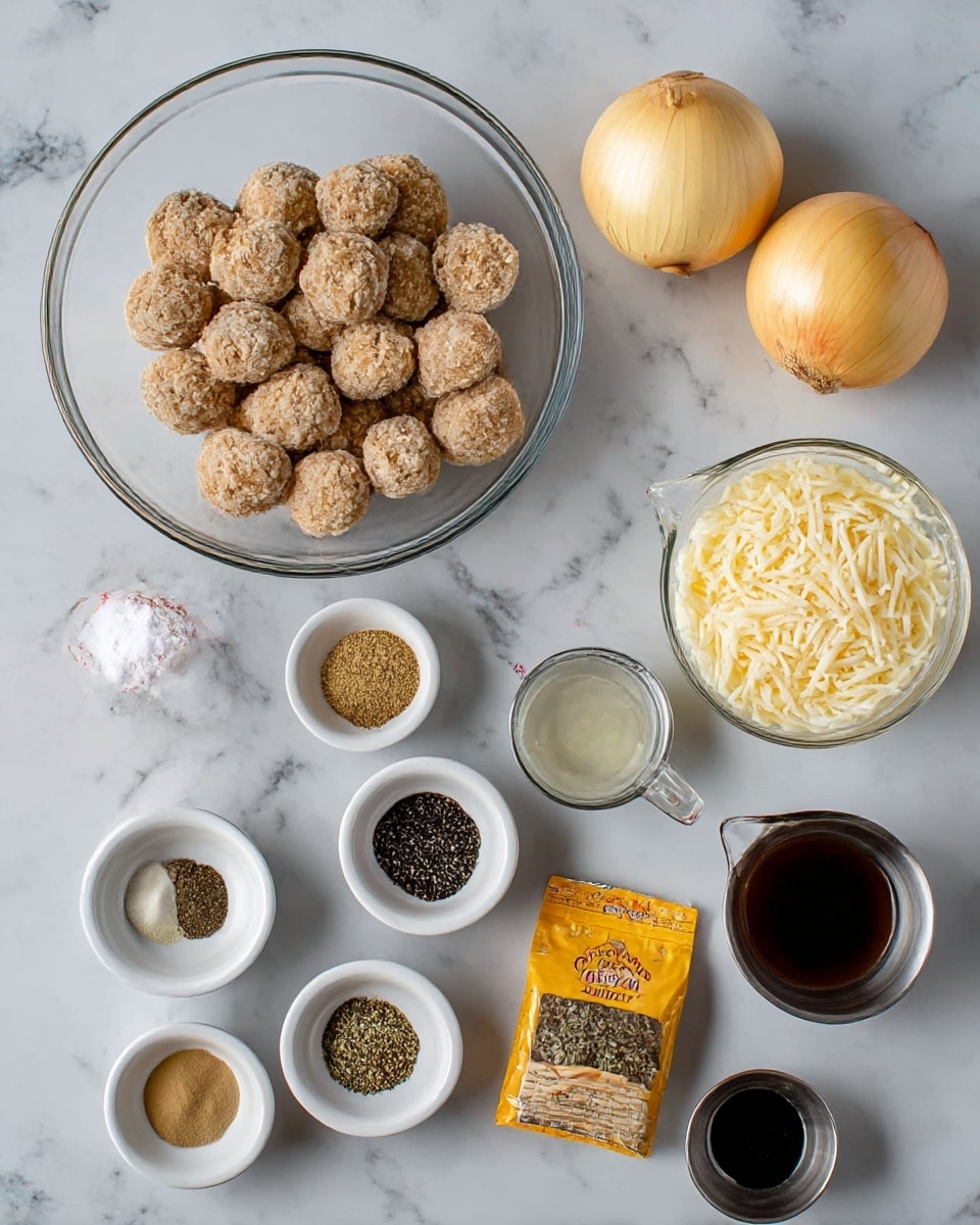 The image shows a flat lay of ingredients on a white marbled surface, including a large clear glass bowl filled with small, round, breaded meatballs that are light brown in color and textured. Next to the bowl are two whole yellow onions with smooth skin. To the right, there is a clear glass bowl full of shredded pale yellow cheese and a small clear glass measuring cup with a handle containing a clear liquid. Below these, there are four small white bowls: one with a mix of dark spices, another with a light-colored liquid, the next with dried brown herbs, and the last one with a white powder. In the middle lies a yellow and tan packet of brown gravy mix, and there are two small metal bowls, one holding a dark sauce and the other with minced light beige garlic. The whole scene is lit clearly, with no shadows, arranged neatly for easy view. photo taken with an iphone --ar 4:5 --v 7