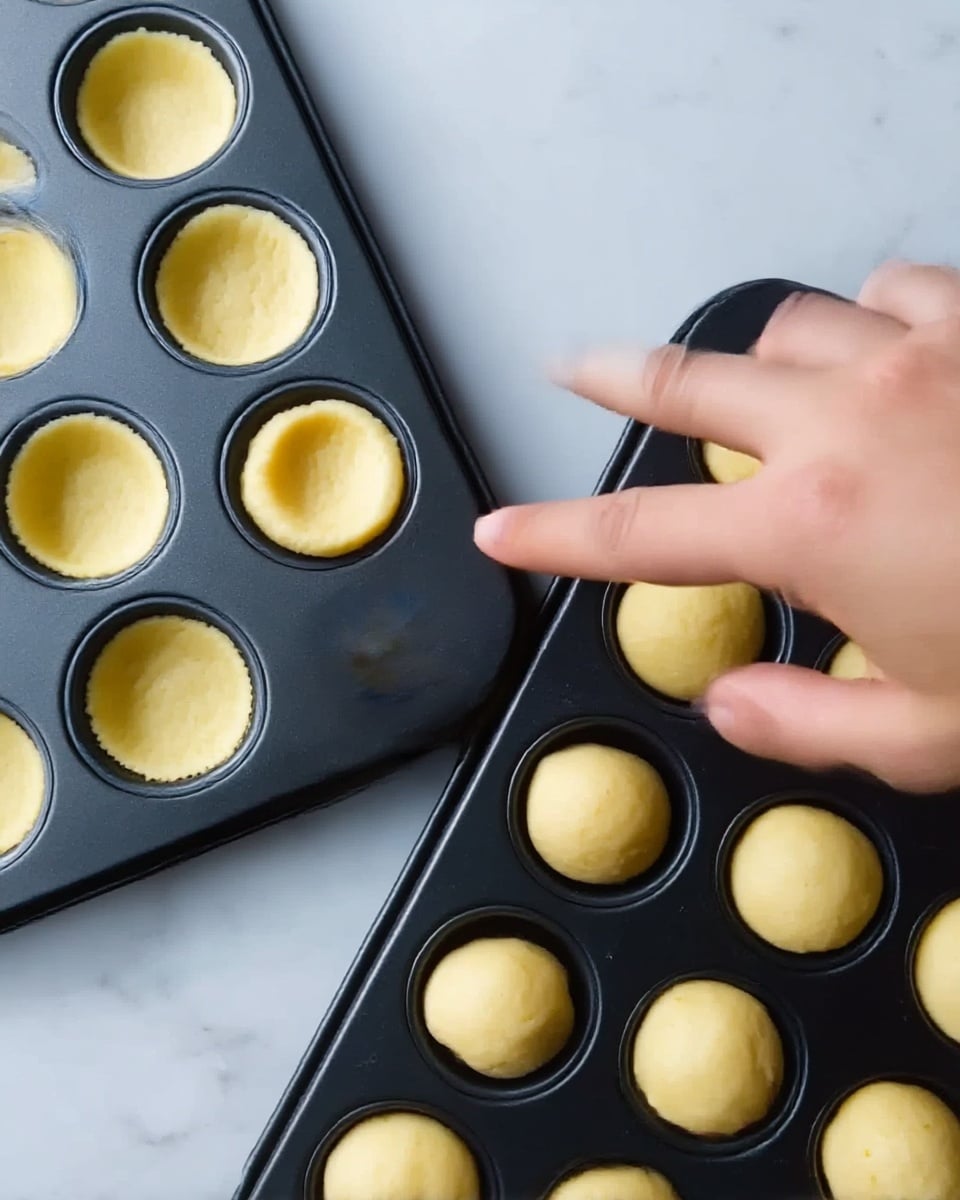 A close-up image shows two black muffin trays on a white marbled surface. On the left tray, there are small dough cups shaped inside each muffin mold, with one dough cup being pressed gently by a woman's finger to spread it out. The dough is light yellow, soft, and smooth in texture. On the right tray, each muffin mold holds a round dough ball, uniform in size and also light yellow. The contrast between the shaped dough cups and the balls is clear. Photo taken with an iphone --ar 4:5 --v 7