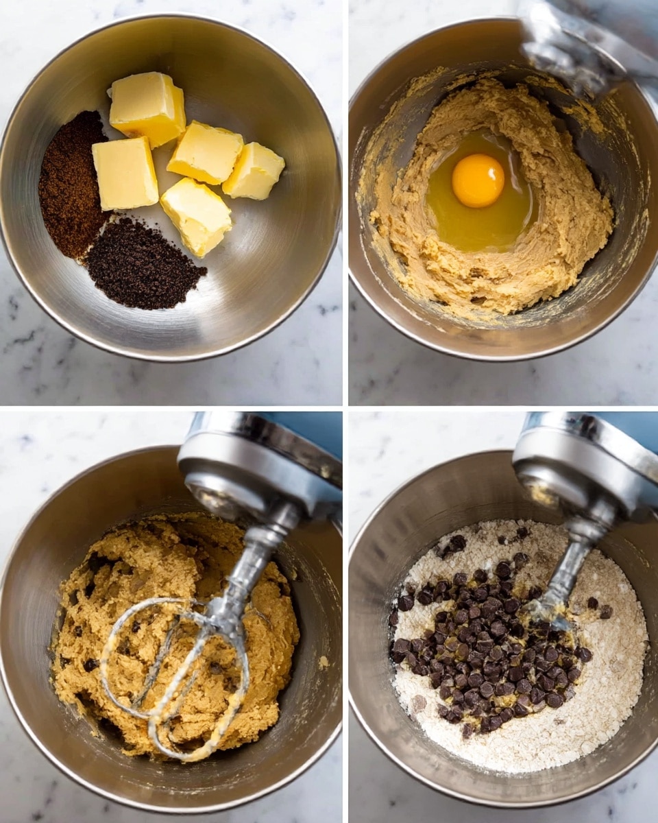 The image shows six steps of making cookie dough inside a large silver metal mixing bowl placed on a white marbled surface. The first step has two chunks of soft yellow butter and a pile of dark brown sugar on the left. The second step shows the butter and sugar now mixed to a light brown creamy texture with a raw egg yolk added in the middle. The third step shows the mixture thoroughly blended into a smooth, thicker light brown dough. The fourth step adds a heap of white flour on the right side, partially mixed in with the dough. The fifth step shows many dark brown chocolate chips poured over the dough on the left side. The sixth step shows the dough fully combined with the chocolate chips evenly spread inside, creating a thick, chunky texture. Each step is captured from above, focusing on the mixing bowl’s contents with a metal mixer tool inside. Photo taken with an iphone --ar 4:5 --v 7