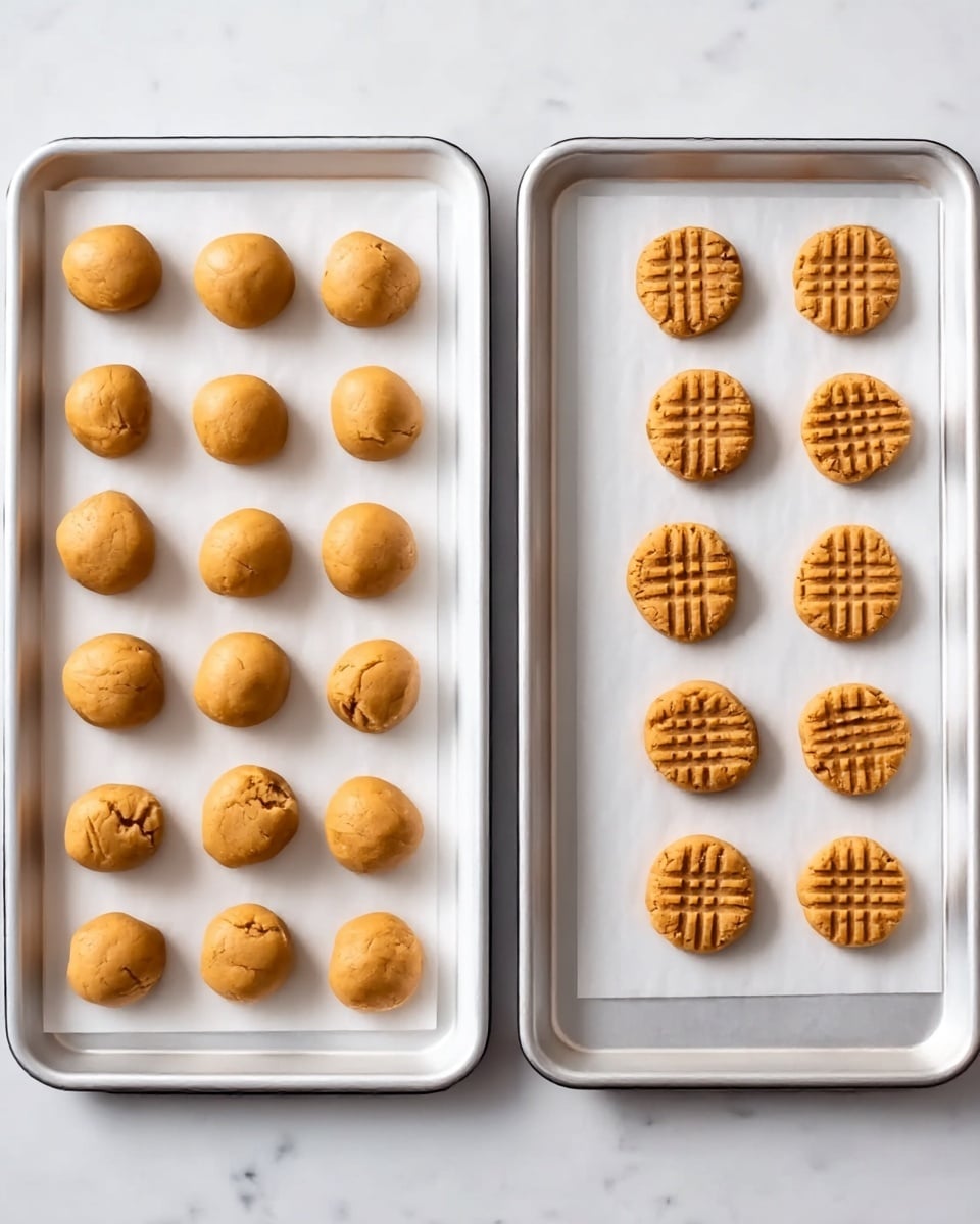The image shows two metal baking trays on a white marbled surface, each lined with white parchment paper. The tray on the left has twelve round, smooth, light brown dough balls arranged in four rows of three, each with a slightly shiny texture. The tray on the right holds twelve flattened dough discs, each about the same size as the dough balls but pressed down into a round shape with a crisscross pattern made by fork lines on the surface. The dough discs have a matte, soft texture and are arranged in the same four rows of three. photo taken with an iphone --ar 4:5 --v 7