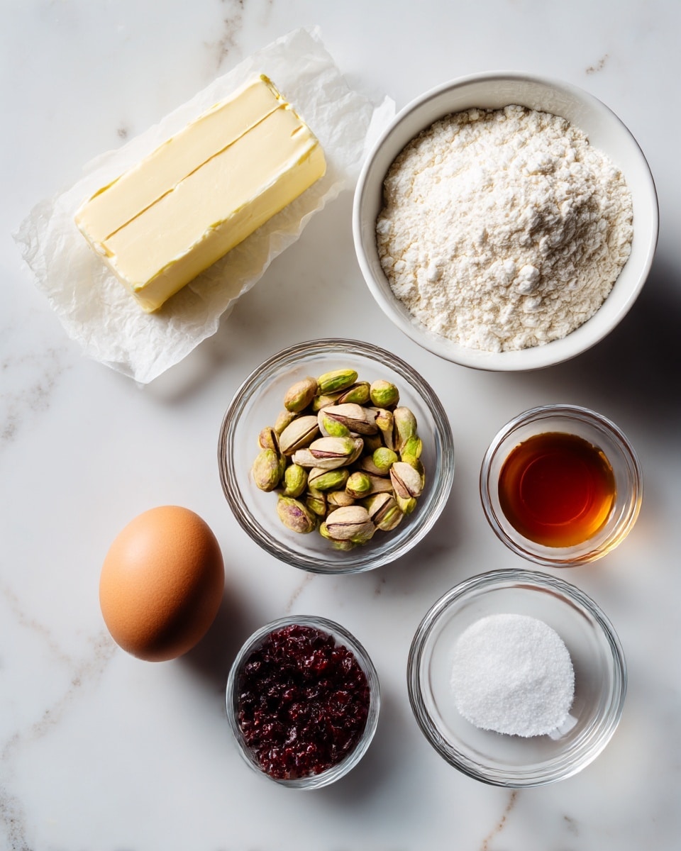 The image shows seven baking ingredients arranged on a white marbled surface. At the top left, an unwrapped stick of butter rests on partially opened white paper. To the right, a small clear glass bowl holds dark red dried cranberries. In the center is a larger white bowl filled with white flour that has a soft, fluffy texture. Below the flour bowl is a small clear bowl with pale green pistachio nuts, some with brown shells. To the bottom left, there is a brown whole egg resting directly on the surface. Nearby, a small clear bowl contains fine white granulated sugar. At the bottom center is a very small glass container filled with amber brown vanilla extract. The items are spaced apart neatly, with soft natural light highlighting their colors and textures. Photo taken with an iphone --ar 4:5 --v 7