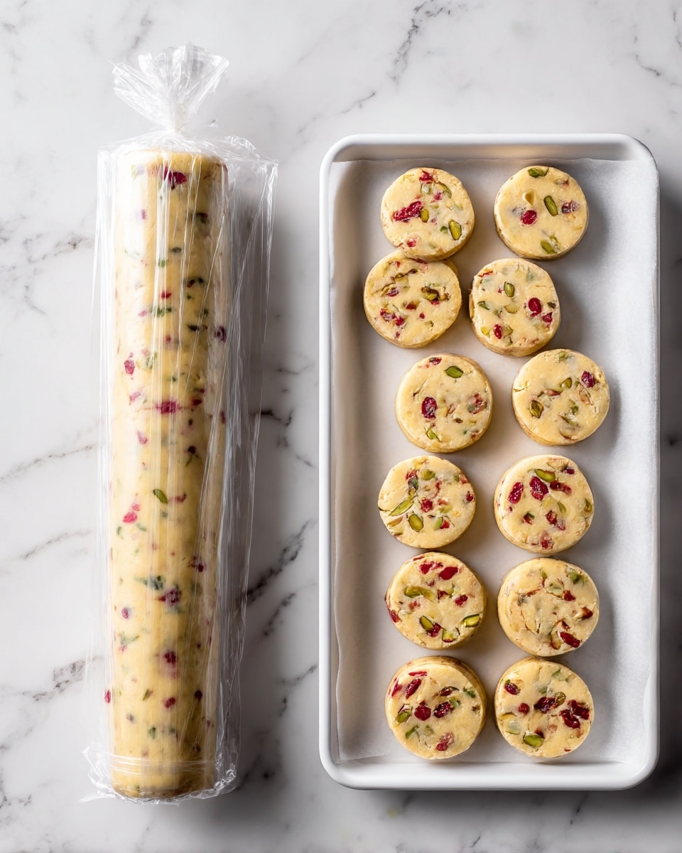 The image shows two parts. On the left side, there are two long dough logs wrapped in clear plastic wrap. The dough is light yellow with red berry pieces and small green nut bits mixed inside, giving it a speckled look. On the right side, there is a white tray lined with parchment paper holding 15 round dough slices arranged in a neat 3 by 5 grid. Each slice shows the same light yellow color with red berry pieces and green nuts inside, looking ready to bake. The whole scene is set on a white marbled surface. photo taken with an iphone --ar 4:5 --v 7