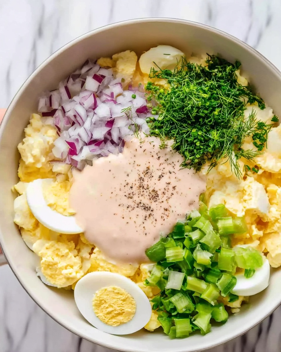 Egg Salad Recipe with the Best Dressing Recipe 5 This image shows a round white bowl filled with chopped boiled eggs at the bottom. On top of the eggs, there are six separate piles of different ingredients arranged in sections: finely chopped red onions in the bottom left, chopped green celery in the bottom center, a green herb like dill on the right, finely chopped chives on the left, and a creamy light pink sauce with black pepper in the center. The colors contrast well with the yellow and white of the eggs, and the bowl sits on a white marbled surface. A woman's hand is partly visible, holding the bowl. Photo taken with an iphone --ar 4:5 --v 7