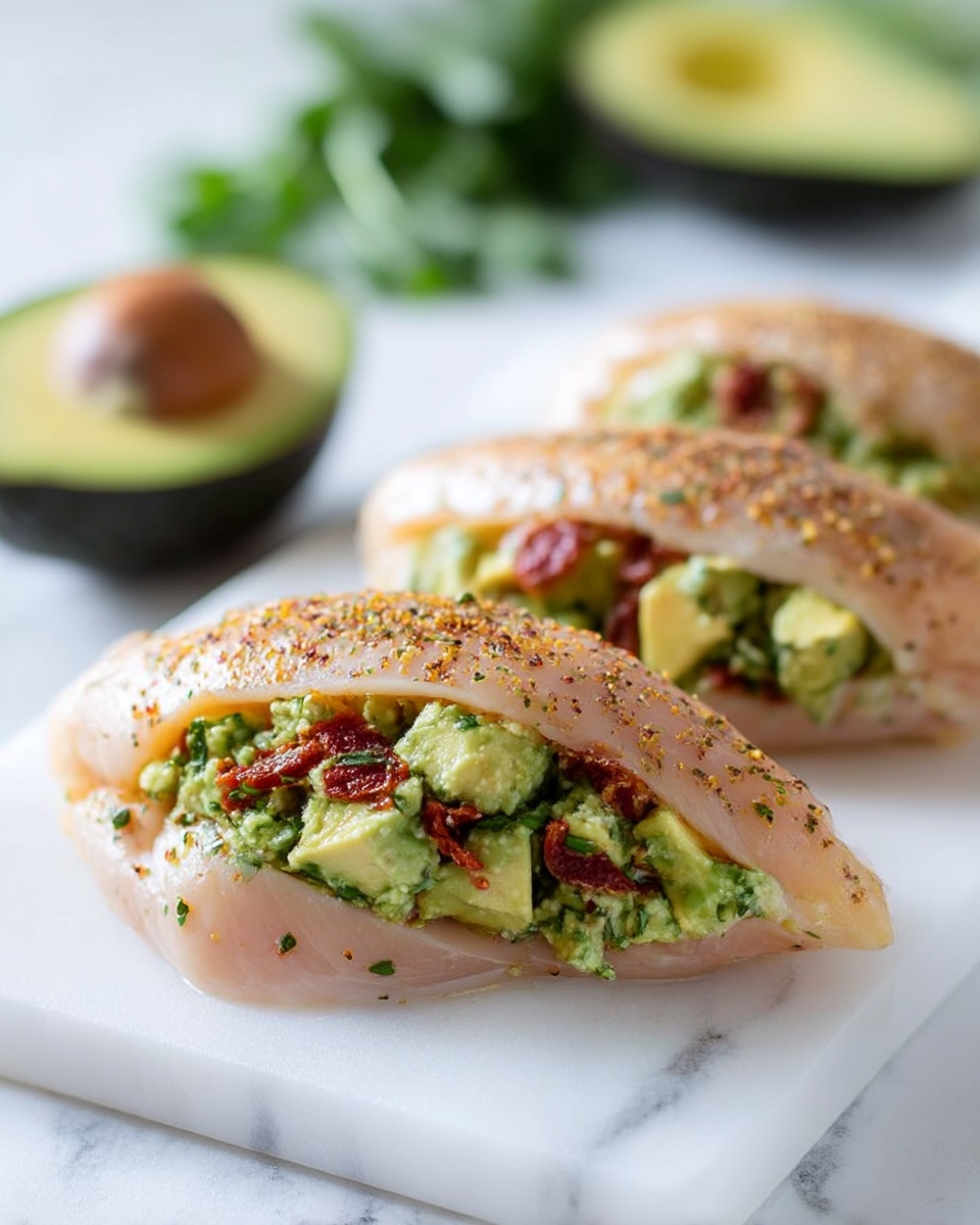 Two pieces of raw chicken placed on a white cutting board on a white marbled surface, each chicken piece has a pocket filled with chunky avocado mixed with small bits of red sun-dried tomatoes and green herbs. The chicken is sprinkled with a mix of coarse spices and black pepper, giving a textured look. In the background, there is a halved avocado and some blurred green leafy herbs. The focus is on the stuffed chicken with a close-up view, showing the fresh and seasoned ingredients inside. Photo taken with an iphone --ar 4:5 --v 7