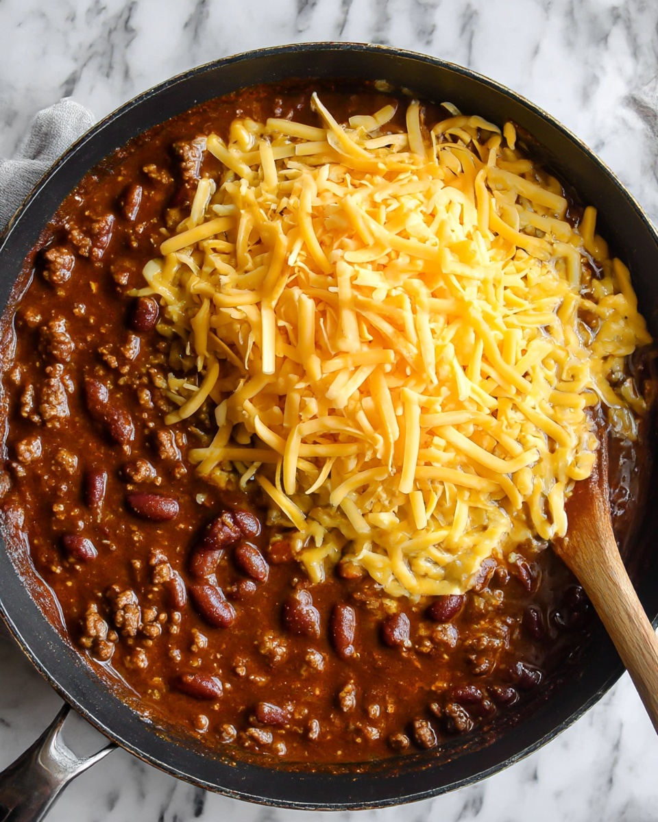 This image shows a skillet filled with thick chili. The bottom layer is a rich, dark brown sauce mixed with ground meat and kidney beans, creating a thick texture with small chunks. On top of the chili, there is a large pile of shredded yellow cheese spread unevenly across the center. The skillet is black and sits on a white marbled surface. A wooden spoon is partially visible on the right edge of the skillet. photo taken with an iphone --ar 4:5 --v 7