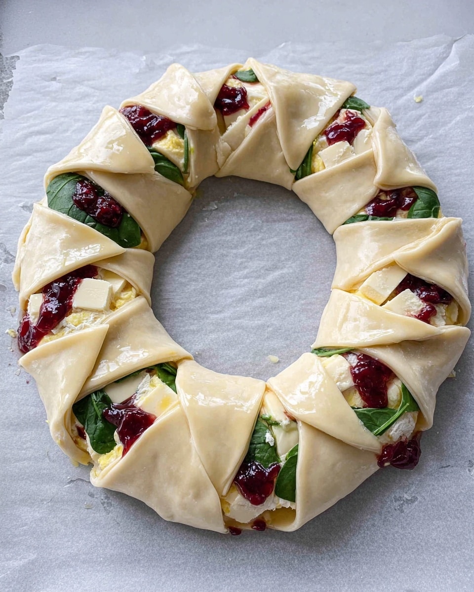 The image shows a round pastry wreath on a white marbled surface lined with baking paper. The wreath is made of folded dough layers, folded inward in sections to reveal fillings inside each fold. The filling layers include creamy pale yellow cheese chunks, bright green spinach leaves, and deep red dollops of berry jam. The dough is pale and shiny with a light yellow glaze brushed on top. The wreath has a hollow center and a few spots of jam peeking out on the outside edges. The overall texture looks soft before baking. Photo taken with an iphone --ar 4:5 --v 7