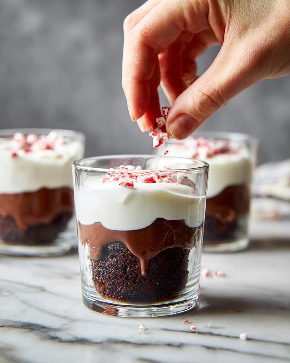 A clear glass shows a dessert with three layers: a bottom dark brown crumbly cake layer, a middle smooth chocolate sauce layer that oozes slightly, and a thick white cream layer on top. A woman's hand is sprinkling small red and white pieces over the cream. In the background, two more identical glasses with the same dessert sit on a white marbled surface. The scene is simple and clean, with a soft focus on the hand and front glass. photo taken with an iphone --ar 4:5 --v 7