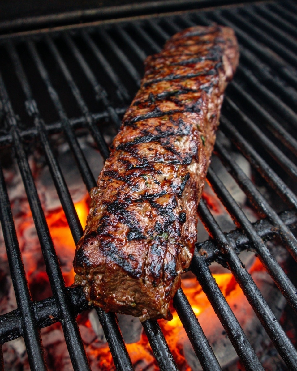 A long, thick piece of grilled meat is shown resting horizontally on black grill grates with glowing red and orange hot coals beneath. The meat has a dark brown crust with distinct char marks running across its surface, showing a juicy texture and slight caramelization. The grill and hot coals create a warm contrast behind the meat, with some meat juices visible on the grill bars. The background is a white marbled texture. photo taken with an iphone --ar 4:5 --v 7