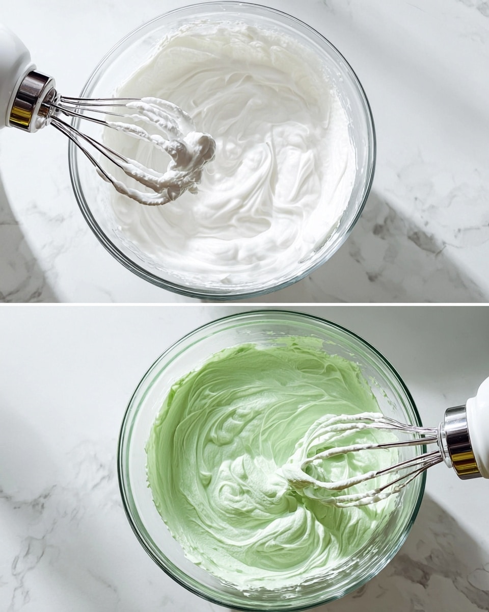 The image shows two clear glass bowls on a white marbled surface, each filled with a thick whipped mixture. The left bowl contains a smooth, bright white whipped cream with a glossy texture, and a metal whisk with white cream is lifted above the bowl, showing soft peaks. The right bowl holds a pale green whipped mixture with a creamy and rich texture, stirred by a white electric mixer with beaters covered in the whipped green cream. The lighting highlights the texture and swirls in both mixtures. Photo taken with an iphone --ar 4:5 --v 7