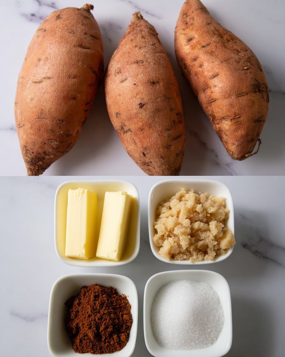 The image shows three whole sweet potatoes with a rough orange-brown skin placed in a row on a white marbled surface at the top. Below them, there are four small white bowls arranged in a rectangle; the top left bowl contains two thick yellow butter sticks, the top right bowl is filled with light brown sugar that looks soft and crumbly, the bottom left bowl has a mix of dark brown and white powders, and the bottom right bowl contains granulated white sugar. All items are clearly placed on the white marbled surface. photo taken with an iphone --ar 4:5 --v 7