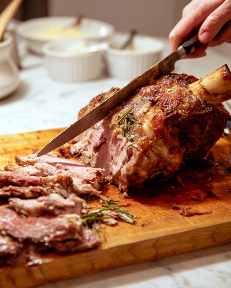 A thick piece of cooked meat with a large bone is placed on a wooden cutting board with visible juices and some herbs around it. The meat has a rich brown and pink color with a textured, slightly shiny surface, showing its cooked fibers. A woman's hand holds the handle of a long, rustic knife, slicing the meat, while some thin slices of the same meat lie to the side on the cutting board. In the background, there are white ramekins partially visible, sitting on a white marbled surface. Photo taken with an iphone --ar 4:5 --v 7