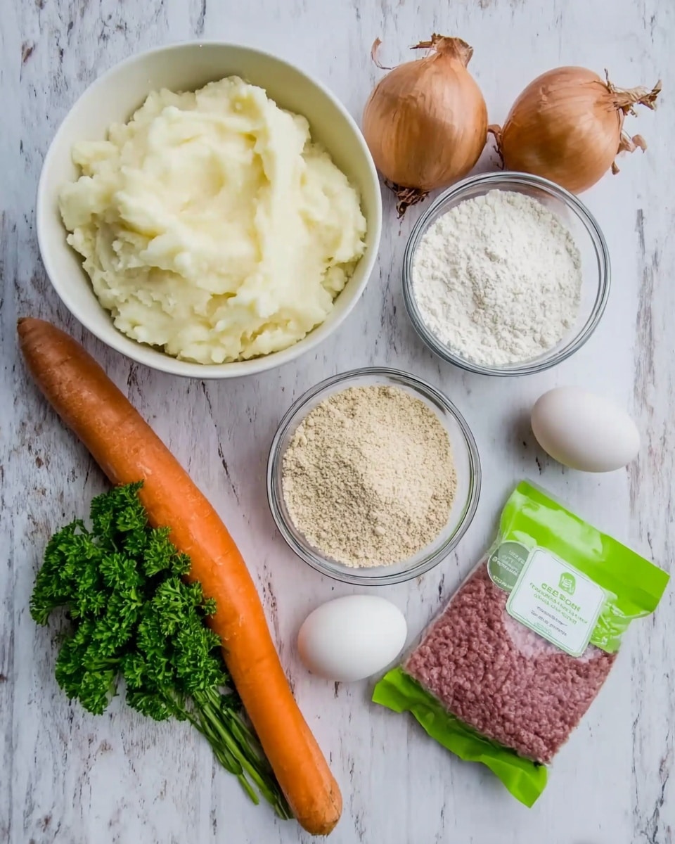 The image shows a white bowl filled with creamy mashed potatoes placed in the top left corner. Below it, there is a smaller clear bowl with white flour. To the right of the flour, a long orange carrot lies horizontally, with two brown onions and a small bunch of green parsley above the carrot. Next to the parsley, there is a white bowl filled with light brown breadcrumbs. Near the bottom right corner, a green and purple package of ground meat is visible on a white marbled surface. A white egg is placed near the top center among the ingredients. Photo taken with an iphone --ar 4:5 --v 7
