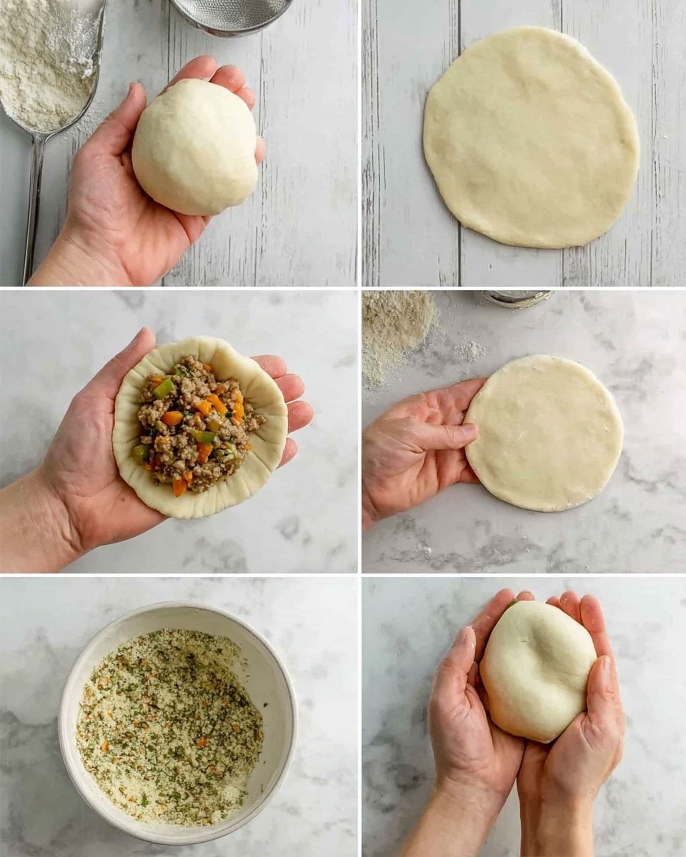 The image shows six steps of making a stuffed dough ball for frying. In the first step, a woman's hand holds a round dough ball of light beige color, next to a metal scoop with some dough inside, against a white marbled surface. In the second, the woman’s hands flatten the dough into a smooth, thin round disc with soft texture. The third step shows the dough disc in one woman’s palm with a colorful filling made of brown minced meat mixed with small bits of orange and green vegetables placed in the center. Next, two woman’s hands fold the dough over the filling, joining edges to seal it, showing a smooth but thick pinch line. In the fifth step, the hand-formed dough ball looks smooth and round, showing a slightly thick crust. Finally, a woman's hands hold the dough ball as it is pressed into a shallow white bowl filled with greenish breadcrumb mixture, coating the surface evenly, all set on a white marbled background. Photo taken with an iphone --ar 4:5 --v 7