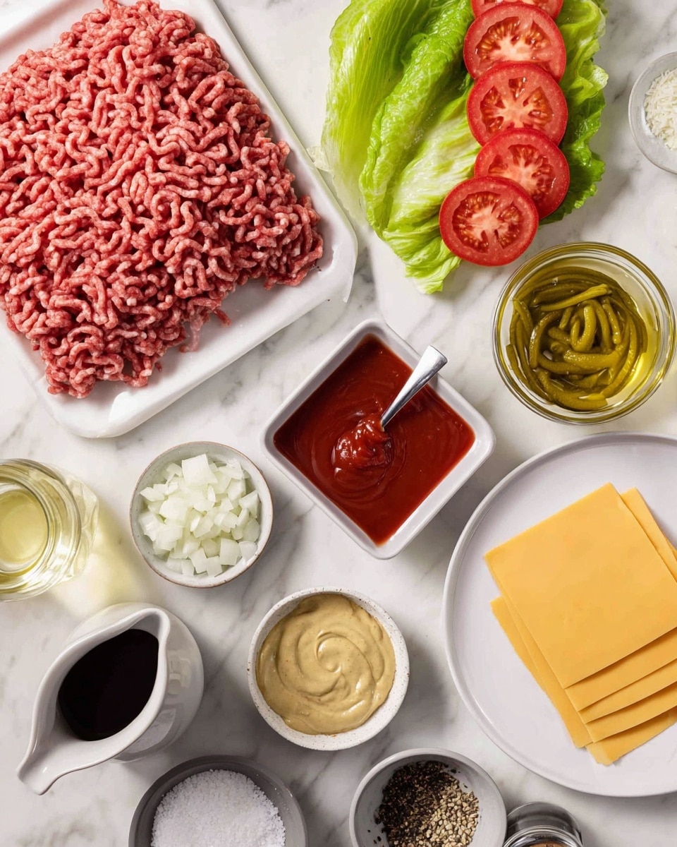 A white plate holds a large pile of raw ground meat with a pinkish-red color and a textured, curly pattern. Nearby, a white rectangular dish shows fresh green lettuce leaves layered above bright red tomato slices arranged in a neat row. Various small white and gray bowls contain ingredients: chopped white onions, small round sliced pickles, and a pale yellow mustard sauce with visible mustard seeds and a spoon inside. A square white dish holds thick red ketchup with a spoon resting in it, next to a small white pitcher of dark liquid, likely a sauce or vinegar. Also included are thin yellow cheese slices neatly stacked on a white plate, a small glass bottle with light yellow oil, a small gray bowl with coarse white salt, and a small jar of black pepper. All items are set on a white marbled surface photo taken with an iphone --ar 4:5 --v 7