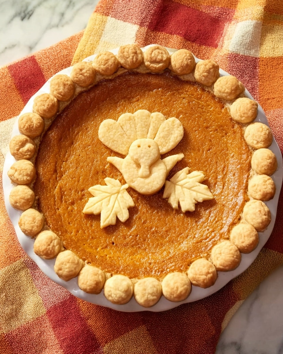 A round pumpkin pie with a golden-brown crust, decorated with small dough shapes of a turkey and two leaves in the center on top. The pie crust edges are scalloped with small dough balls placed evenly around the edge. The pie rests on a round white plate, set on a colorful checkered cloth with warm autumn colors, all on a white marbled surface. Photo taken with an iphone --ar 4:5 --v 7