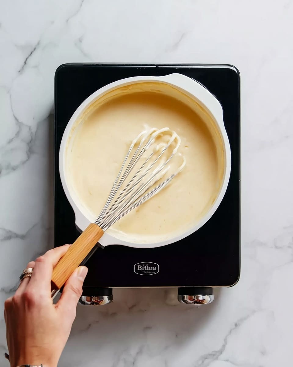 A woman’s hand with a wooden whisk is stirring a creamy pale yellow sauce in a round white saucepan with a metal handle, which sits on a black electric stove. The background surface is white marble with gray veins. The sauce looks smooth and thick. Photo taken with an iphone --ar 4:5 --v 7