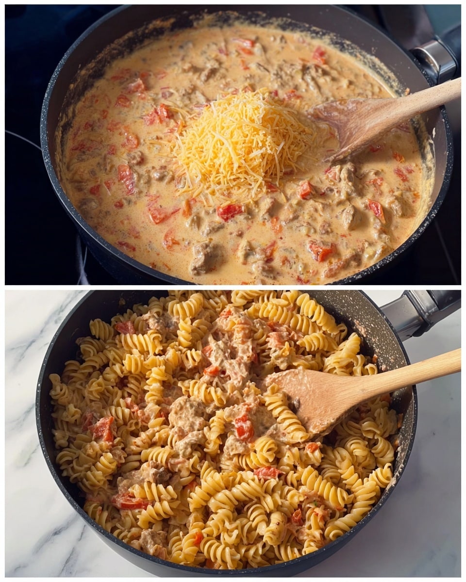 The first image shows a black pan on a stove filled with a creamy sauce mixed with small red and orange bits, likely tomatoes and carrots, and pieces of meat. There is a mound of shredded yellow cheese in the center on top of the sauce. A wooden spoon is resting inside the pan. The second image features the same black pan, now filled with rotini pasta that is yellowish and thick. The creamy sauce with meat, carrots, and tomatoes is mixed with the pasta, coating it evenly. A wooden spoon is partly stirring the pasta. The pan is placed on a white marbled surface. photo taken with an iphone --ar 4:5 --v 7