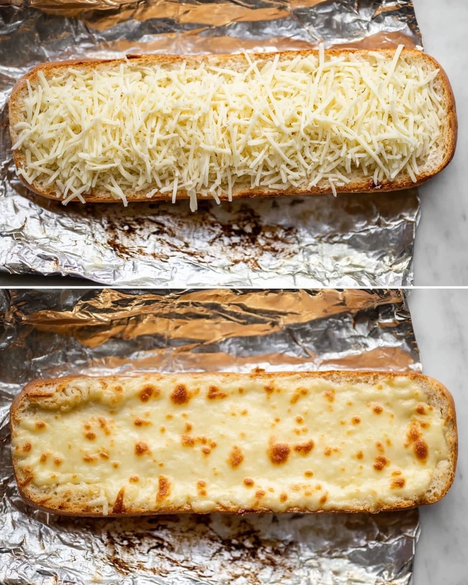 The image shows two long pieces of bread placed side by side on a sheet of crinkled foil. The top piece is covered with a thick layer of shredded white cheese, evenly spread across the surface, with the bread’s golden-brown crust visible at the sides. The foil and white marbled surface beneath create a clean, bright background. Below, the same two bread pieces are shown after baking, with the cheese melted into a smooth, creamy layer that has browned slightly in spots, giving it a bubbly, toasted texture. The foil still lines the tray, crinkling around the bread with some browned bits near the edges. photo taken with an iphone --ar 4:5 --v 7