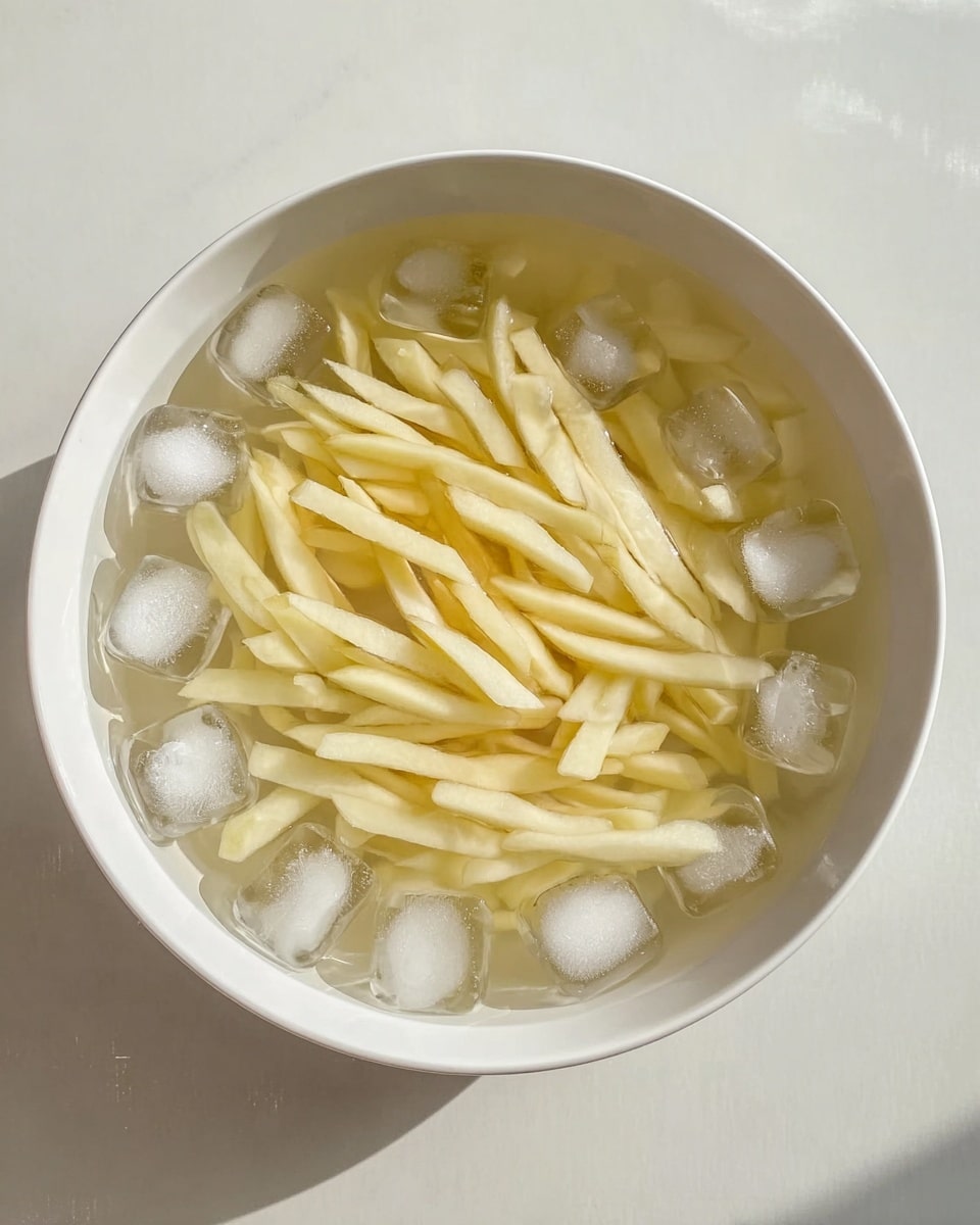 A white bowl filled with clear water and ice cubes surrounds many light yellow, thin-cut potato sticks. The sticks are spread inside the water with the ice cubes floating around, creating a mix of soft yellow and white colors. The bowl sits on a white marbled surface. photo taken with an iphone --ar 4:5 --v 7
