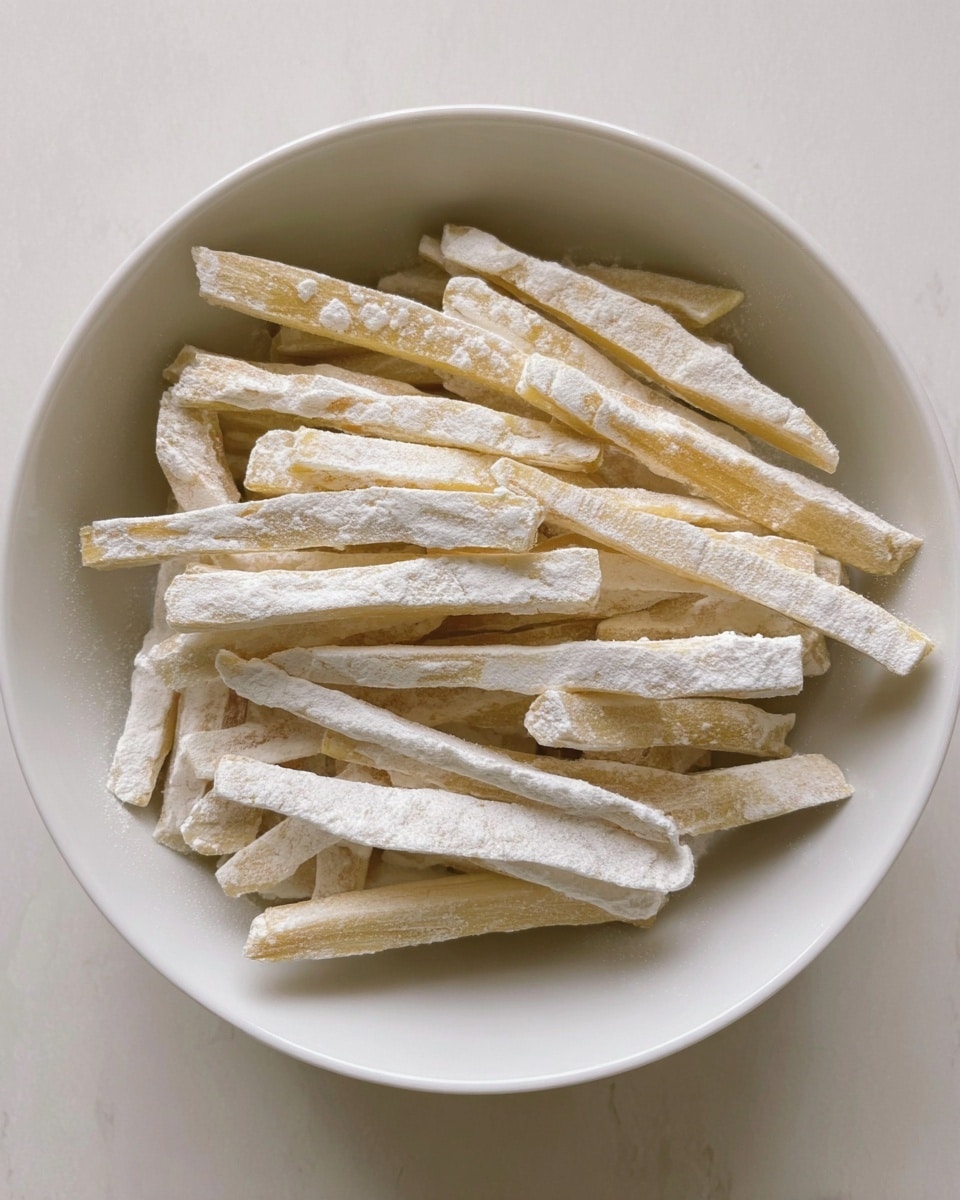 A white bowl filled with many thin, pale yellow sticks covered in a light white powder, stacked loosely and overlapping each other inside the bowl. The bowl is placed on a white marbled surface, showing a simple and clean look. photo taken with an iphone --ar 4:5 --v 7